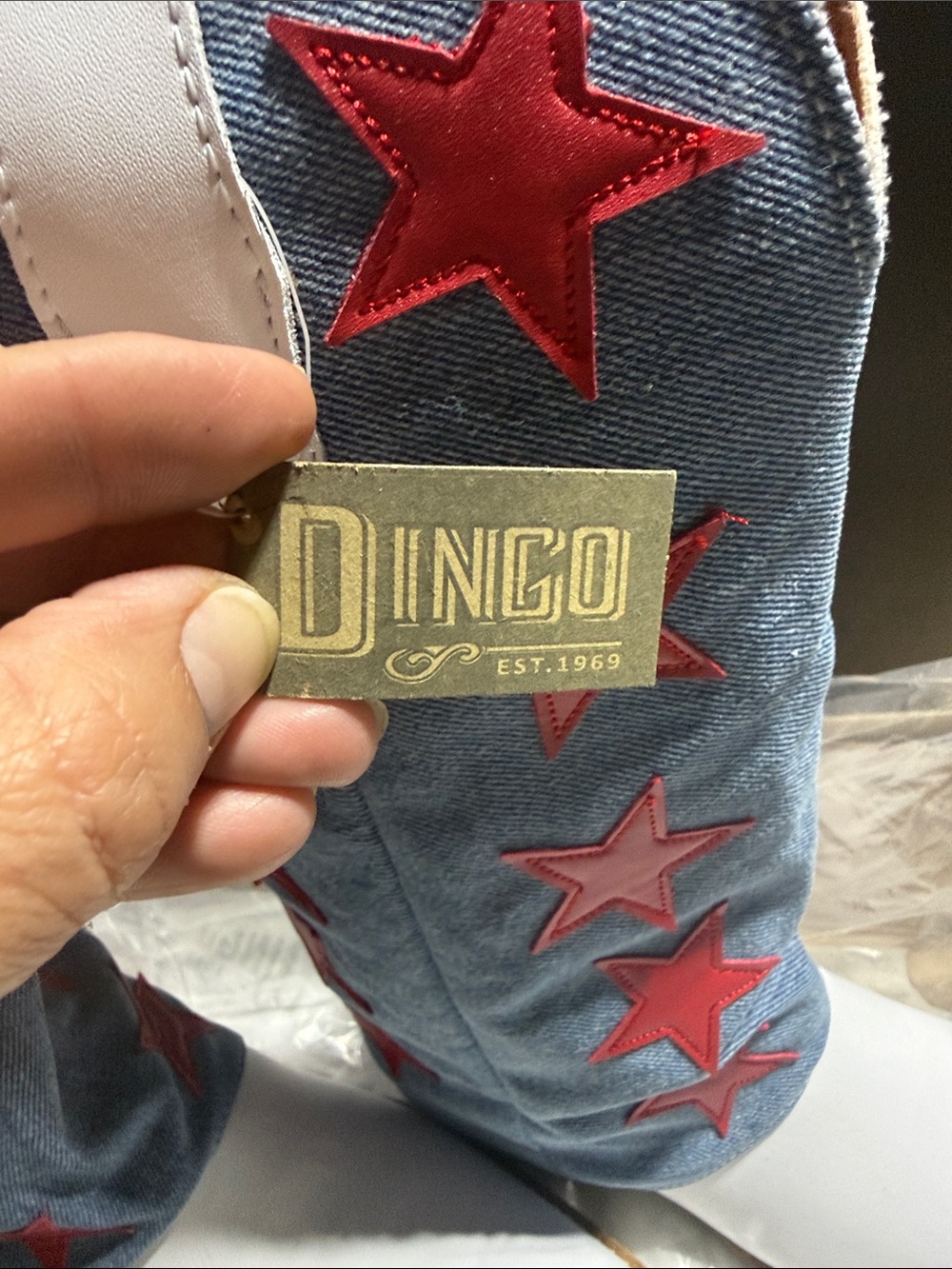 dingo White Foot Denim Shaft Heeled Boots with Red Stars - Picture 2 of 7